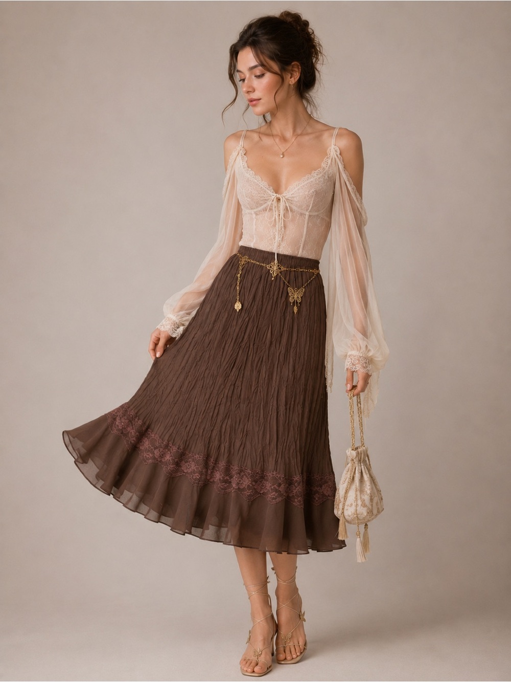 Bobbie Brooks Vtg Brown Crinkle Lace Midi Skirt Fairy Grunge Boho Romantic 14